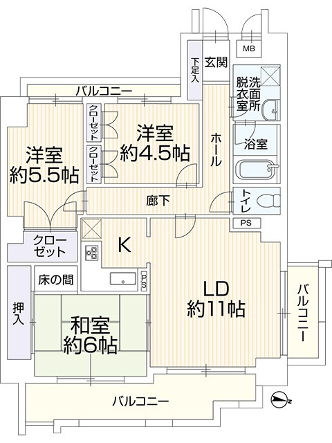 角部屋3面バルコニーの物件です。3LDKなのでファミリーにもぴったりな間取りです。