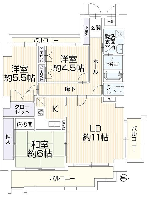 角部屋3面バルコニーの物件です。3LDKなのでファミリーにもぴったりな間取りです。