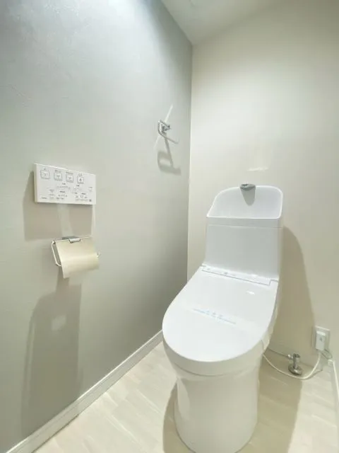 白を基調とした清潔感のあるトイレです。 新品交換済みで安心です。