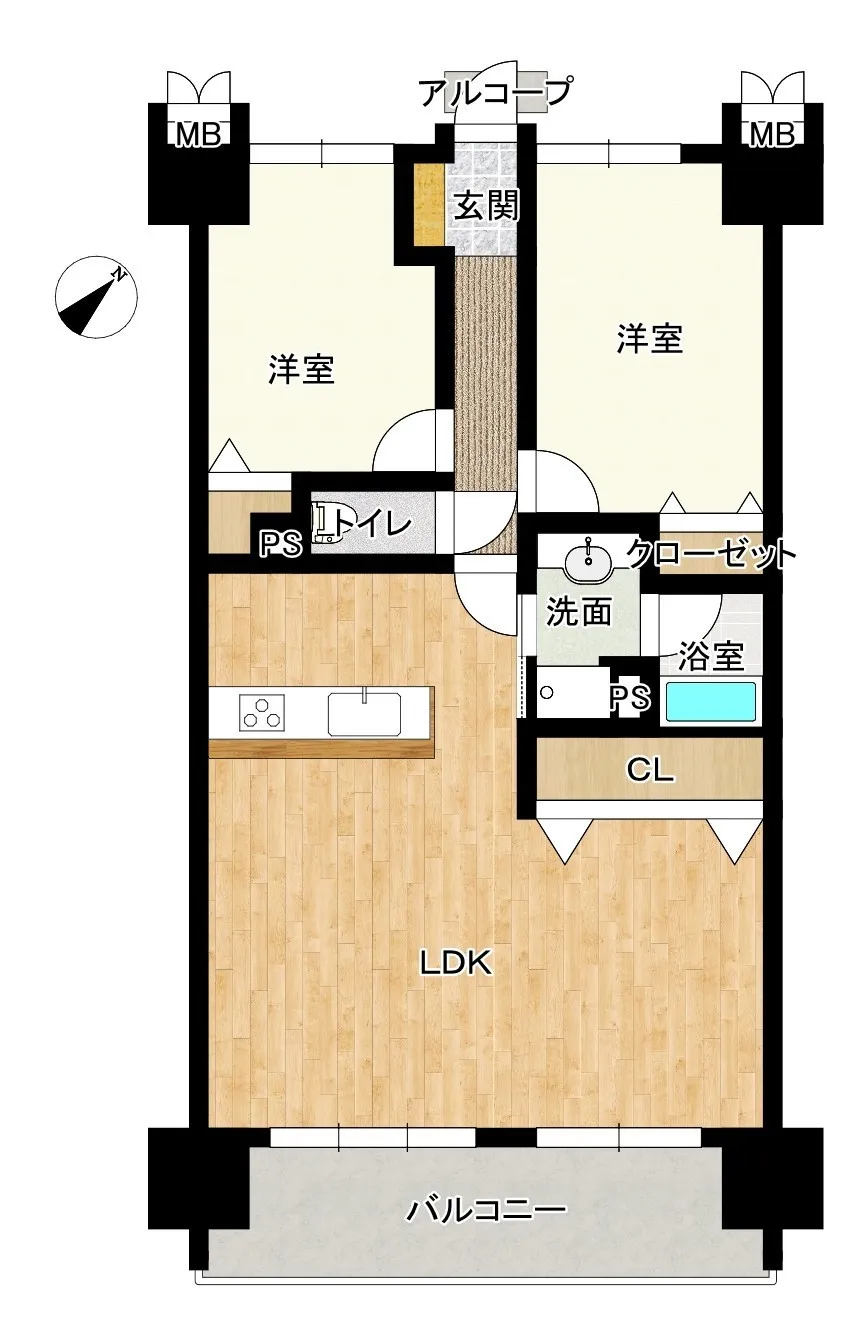 広々とした開放的なリビングに、居室が2部屋の２LDKの間取りです。ご夫婦二人でもお子様がいても快適に暮らせる間取りです。