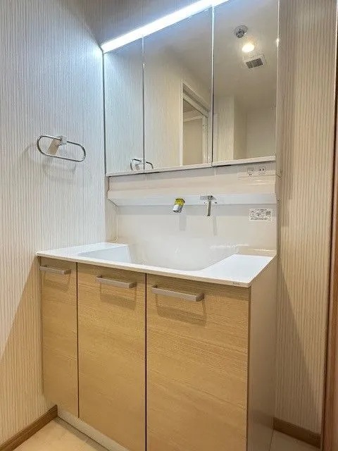 洗面化粧台の鏡の裏は全て収納になっているので、散らかってしまいがちな洗面周りもスッキリ収納できそうですね♪