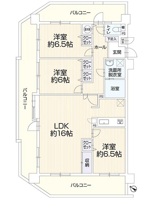 3面バルコニーの角部屋なので日当たり良好で、生活音の心配も少なく、リラックスしてお過ごしいただける間取りです。