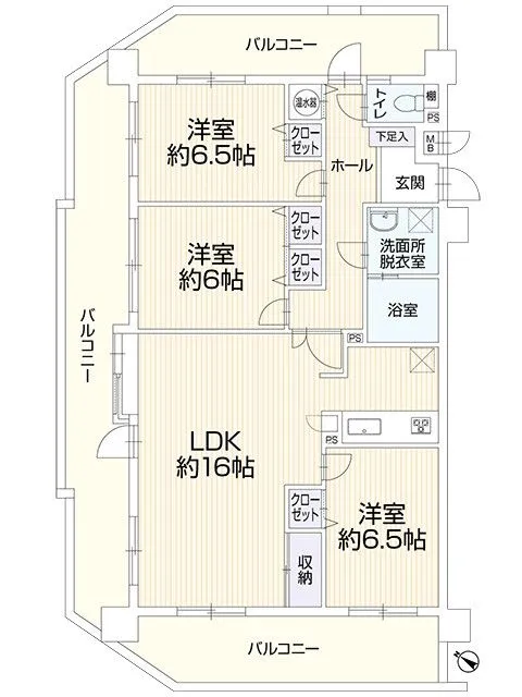 3面バルコニーの角部屋なので日当たり良好で、生活音の心配も少なく、リラックスしてお過ごしいただける間取りです。