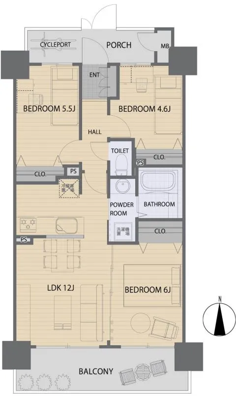 3LDK、価格3690万円、専有面積60.53m2、バルコニー面積10.8m2