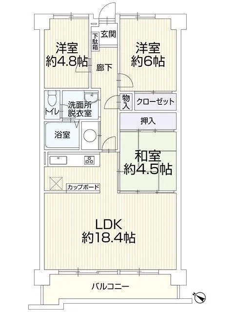 専有面積75.19㎡(22.74坪)の3LDKの間取りです。広々とした陽当たりの良いリビングはご家族が自然と集まるリラックスできる空間になっております。