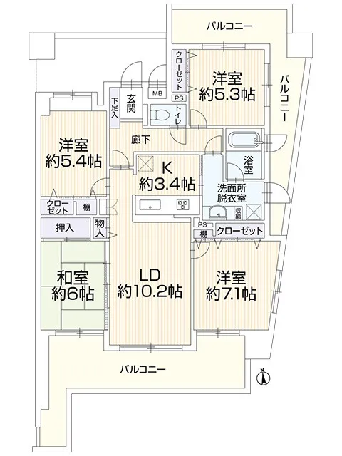 2階部分のお部屋ですが、3面バルコニーなので風通しも良く気持ちよく過ごしていただける間取りです。