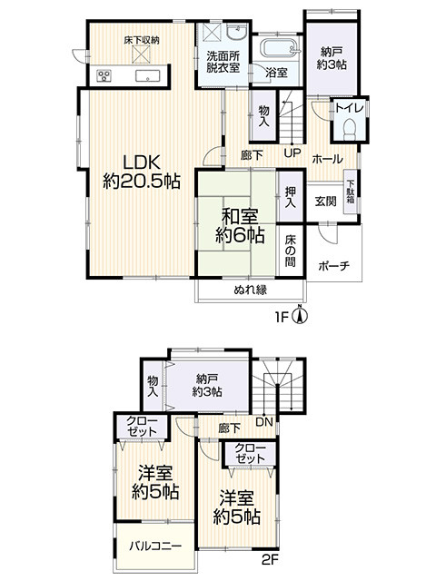 各居室収納に加え、約3帖の納戸が各階に完備。ゆとりのある間取りでご家族がゆったりと過ごせます。