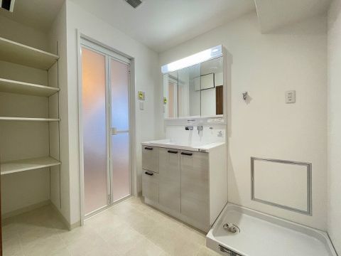 洗面台新品交換済みです。脱衣室には棚もついており、タオルや洗剤などの日用品のストックも収納可能です。