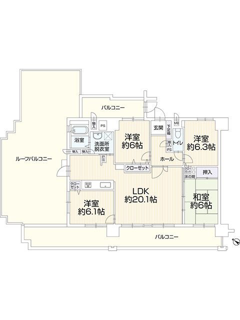 最上階角部屋の広々ルーフバルコニー付マンションです。全居室６帖以上のゆとりあるお住まい。