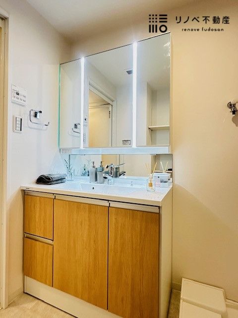 広々とした洗面化粧台は、3面鏡なので鏡裏に化粧品やドライヤーも収納できちゃいます。