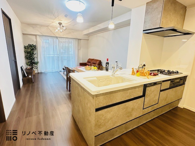 オシャレなペニンシュラ型のキッチンには、お掃除のしやすい換気扇、家事の負担を減らせる食器洗い乾燥機、調理がもっと美味しくなる浄水器一体型の水栓が付いています。