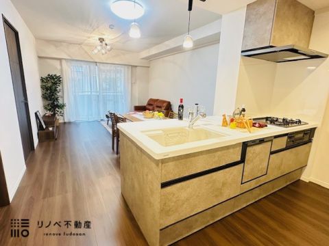 オシャレなペニンシュラ型のキッチンには、お掃除のしやすい換気扇、家事の負担を減らせる食器洗い乾燥機、調理がもっと美味しくなる浄水器一体型の水栓が付いています。