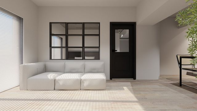 【リビング】リビングと寝室をゆるやかにつなぐ室内窓が、空間に広がりを生み、黒のフレームが全体を引き締