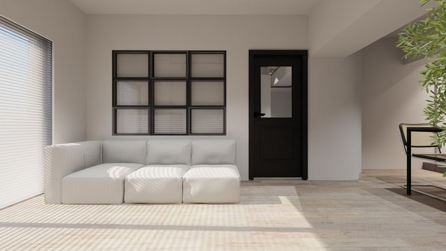 【リビング】窓まわりは枠を見せないようにディテールにこだわり、アルミブラインドを壁内に納めることで、