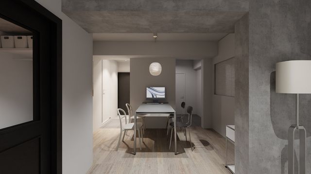 【ダイニング】天井梁の現しやマットな質感の仕上げが、シンプルな中に深みをつくる。※画像は完成予想図で