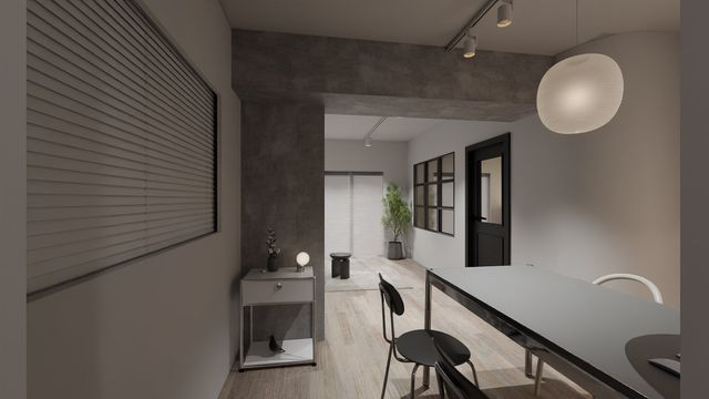 【リビングダイニング】白とグレーを基調に、素材とラインで構成したミニマルデザイン。※画像は完成予想図