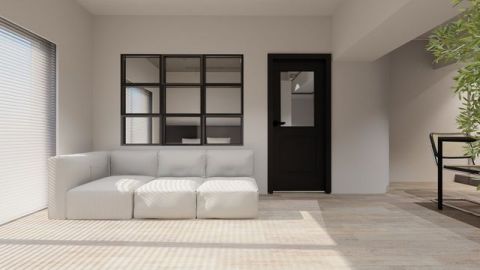 【リビング】リビングと寝室をゆるやかにつなぐ室内窓が、空間に広がりを生み、黒のフレームが全体を引き締