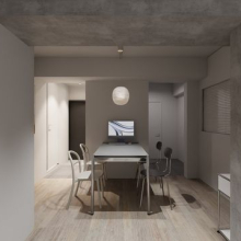 【ダイニング】天井梁の現しやマットな質感の仕上げが、シンプルな中に深みをつくる。※画像は完成予想図で