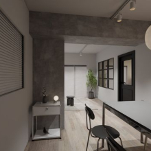 【リビングダイニング】白とグレーを基調に、素材とラインで構成したミニマルデザイン。※画像は完成予想図