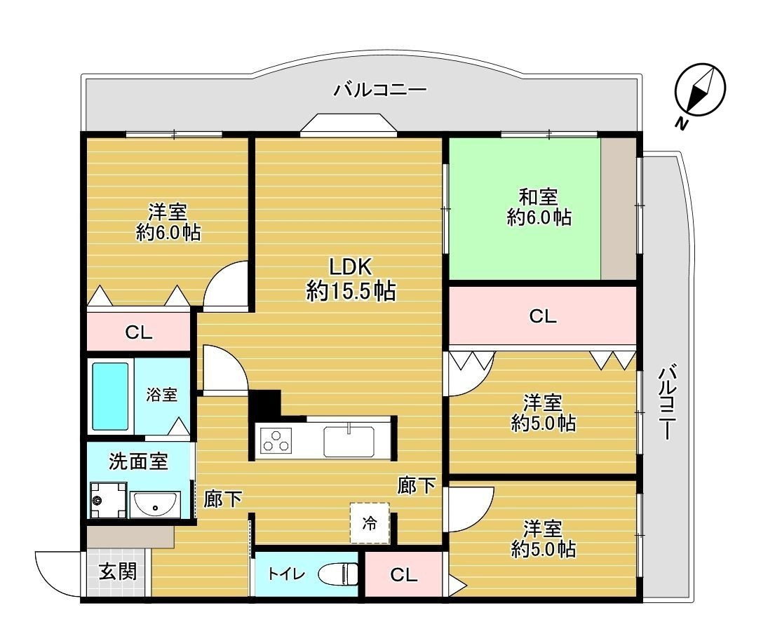 南東向き2面バルコニーの間取りです。陽当たり、風通しともに良好です。