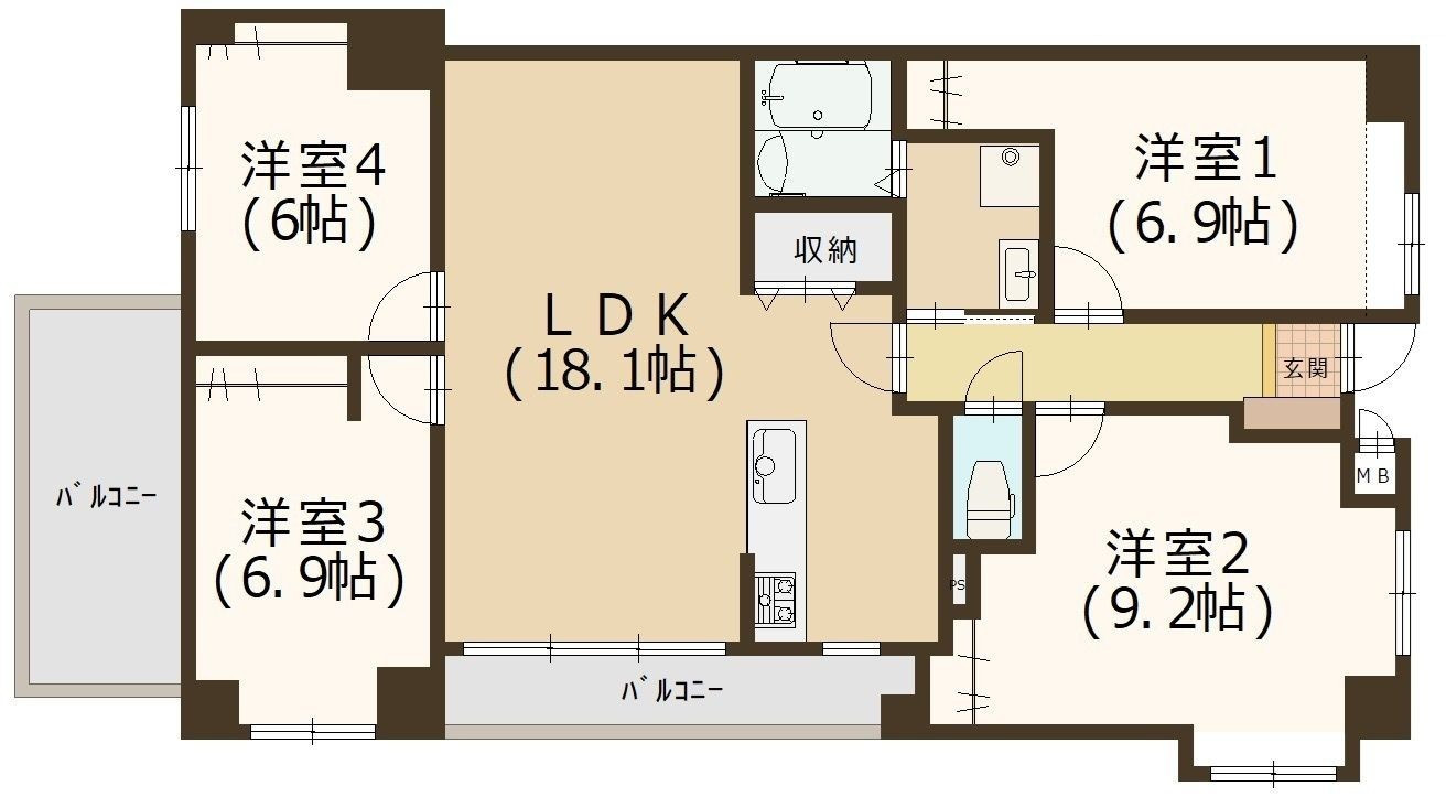 全居室6帖以上で広々ゆとりある室内。
