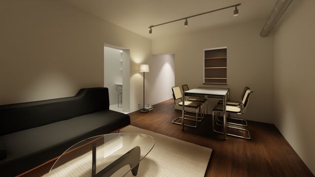 【室内】経年で少し色あせた木、皮革のしっとりしたツヤ、レンガや合板の“ラフさ”を活かした空間。