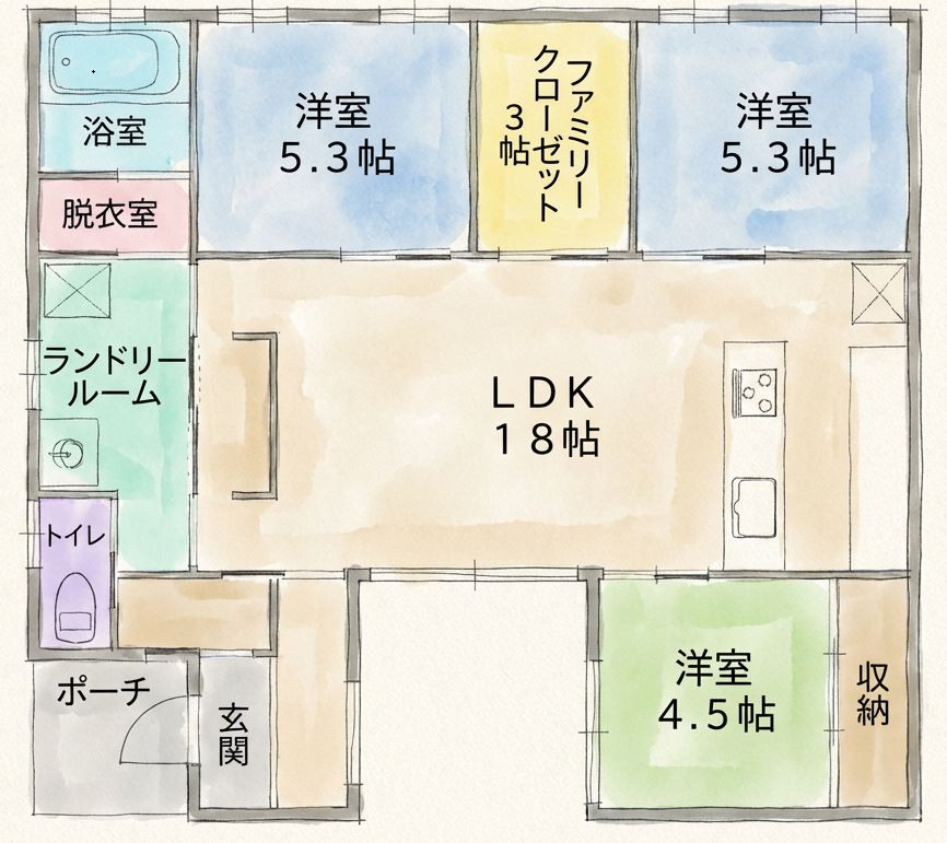 3590万円、3LDK+S（納戸）、土地面積205m2、建物面積83.63m2。車種によっては5台駐車可能。家事動線をコンパクトにまとめることで、LDKや個室をゆったりと設けました。