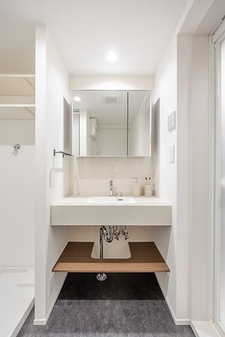 【洗面台】鏡裏収納が充実している2面鏡、洗面台下にも棚がついています。※配置されている家具類は、販売価