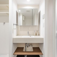 【洗面台】鏡裏収納が充実している2面鏡、洗面台下にも棚がついています。※配置されている家具類は、販売価