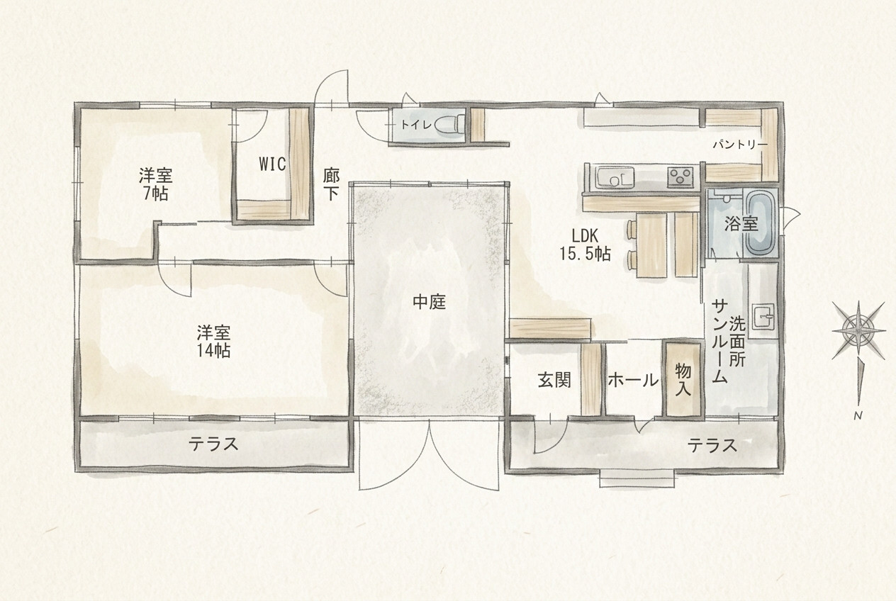 2LDKの開放感あふれる平屋