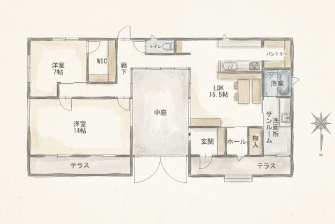 2LDKの開放感あふれる平屋