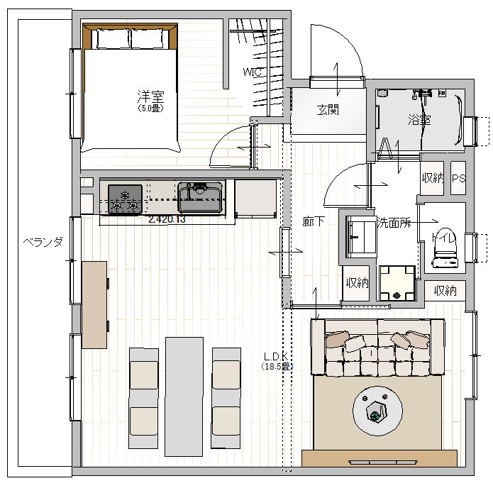 1LDK、価格1780万円、専有面積58.89m2 ※現在内航工事中につき予定間取りになります。