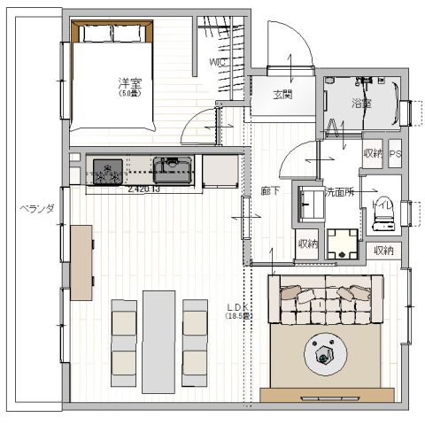 1LDK、価格1780万円、専有面積58.89m2 ※現在内航工事中につき予定間取りになります。