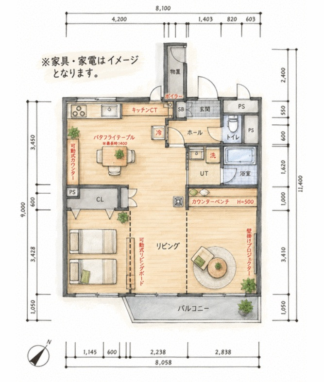 点線部分で区切ることで２ＬＤＫとして使用できます。元々は３ＬＤＫの間取りでした。家具配置はイメージです。現況と異なる場合は現況を優先します。