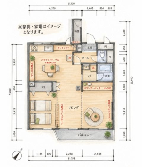 点線部分で区切ることで２ＬＤＫとして使用できます。元々は３ＬＤＫの間取りでした。家具配置はイメージです。現況と異なる場合は現況を優先します。