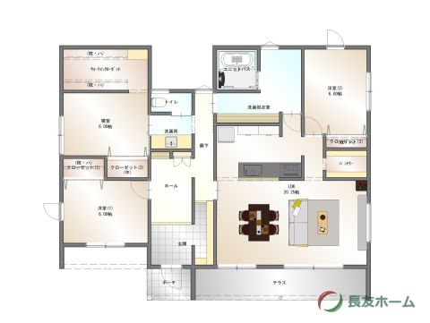 延床117.32㎡（35.48坪）の平屋3LDK＋WIC＋パントリー。家事動線と収納力を追求した間取りです。