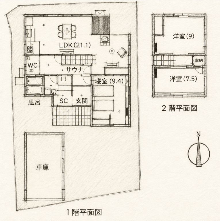 生活動線が1階で完結する平屋のような間取り。