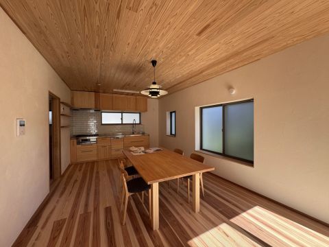 部屋全体が木の温もりに優しく包み込まれた、家族が集まるくつろぎのＬＤＫです。足元から天井まで続く美しい木目と、窓から差し込む穏やかな自然光が調和し、日々の暮らしに寄り添うようなホッと息をつける空間。