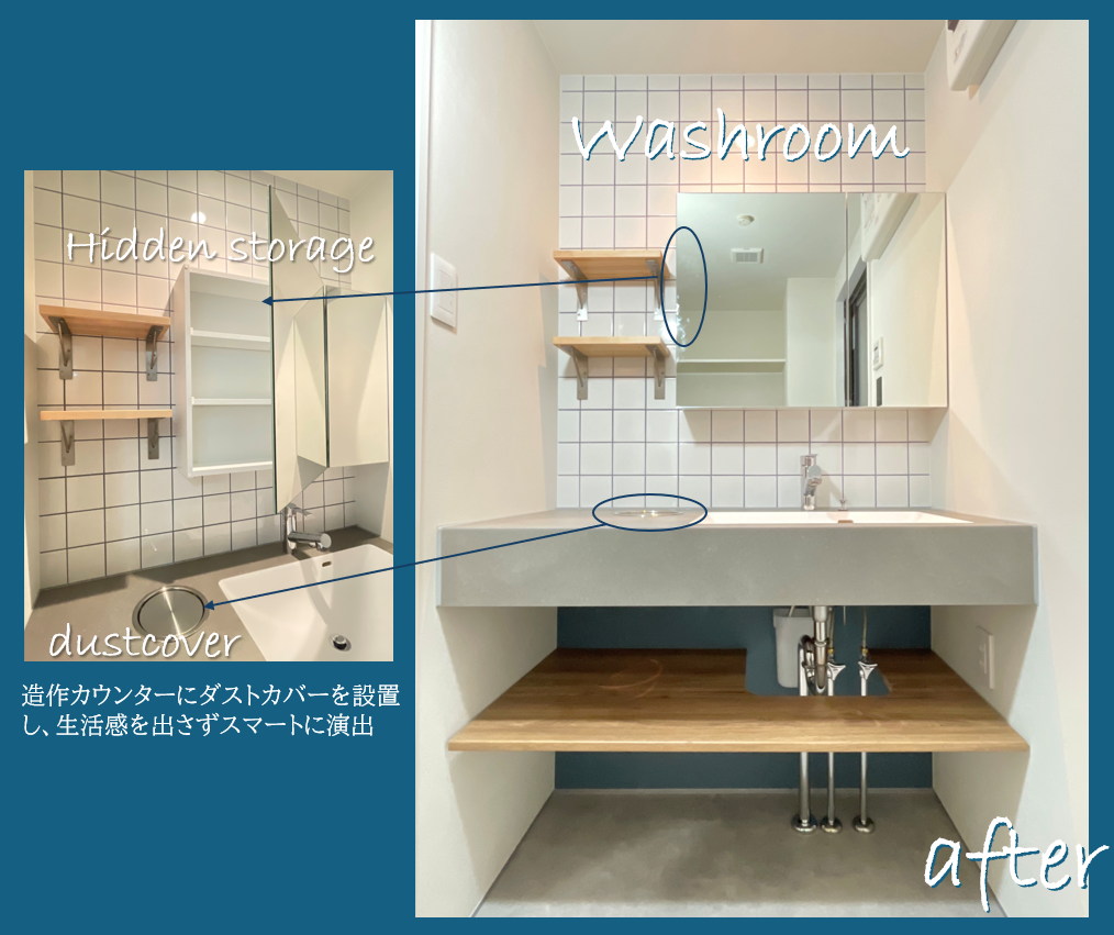 after～便利な２面鏡や棚を設置しつつ、モダンな洗面へ